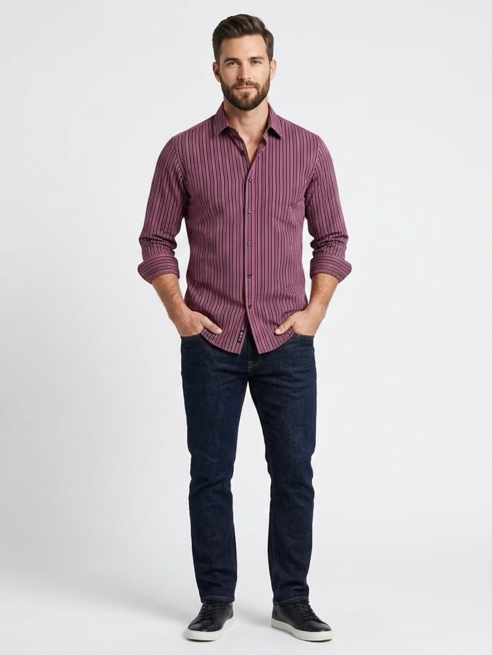 Claiborne Men's Burgundy Striped Dress Shirt